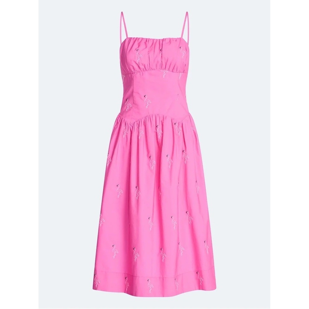 Coastal Pink Flamingo Embroidered Midi Dress Ruched Drop Waist Size M NEW